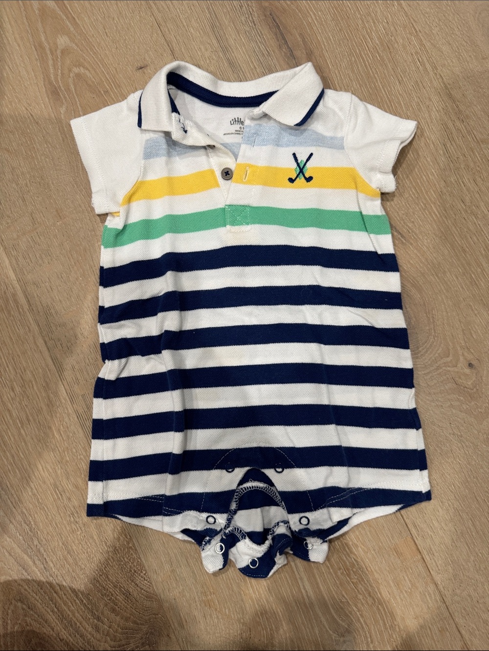 Little Me Striped Polo Romper in Navy, White, Yellow, Light Blue golf